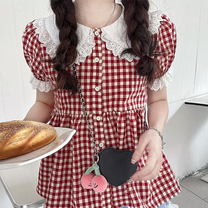 Checkered Doll Collar Lace Women's Shirts Bubble Short Sleeved Single Breasted Shirt Summer Student Versatile Loose Tops