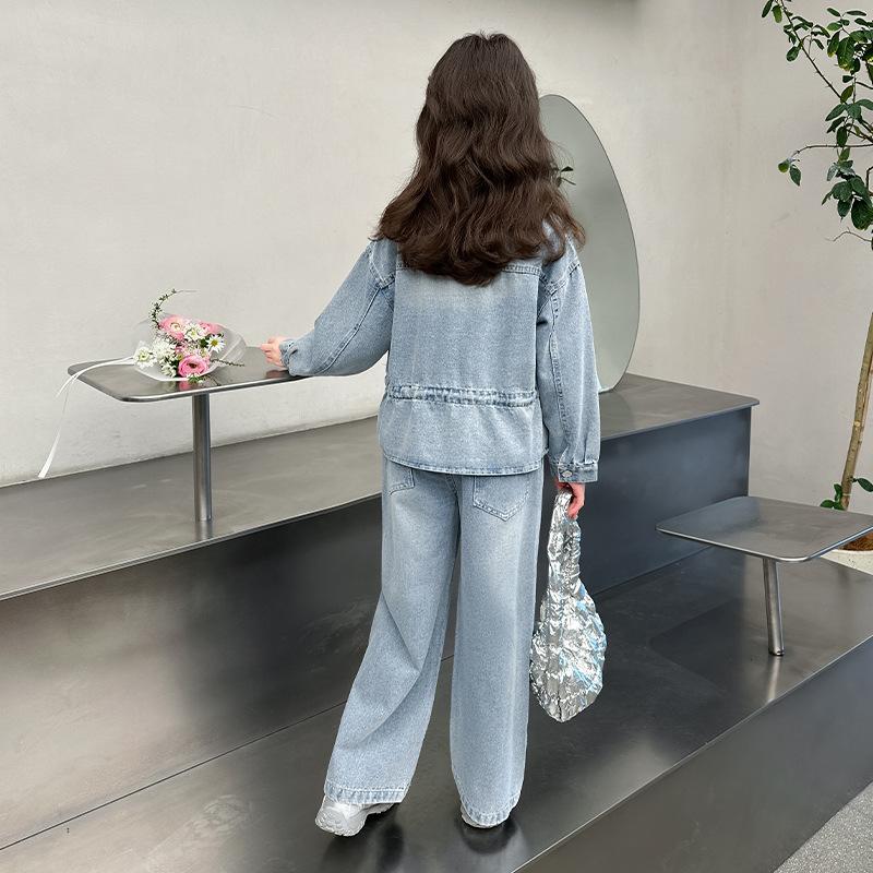Cowgirl Mode Streetwear Denim Bekleidungsset Jeans und Jacke 2-teiliges Outfit Anzug Kinder Mädchen Freizeit Straßenkleidung Trainingsanzüge