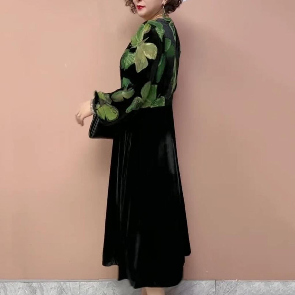 Women's Plus Size Dress Velvet Patchwork Dress Autumn V-neck A-line Velvet Long Floral Dress