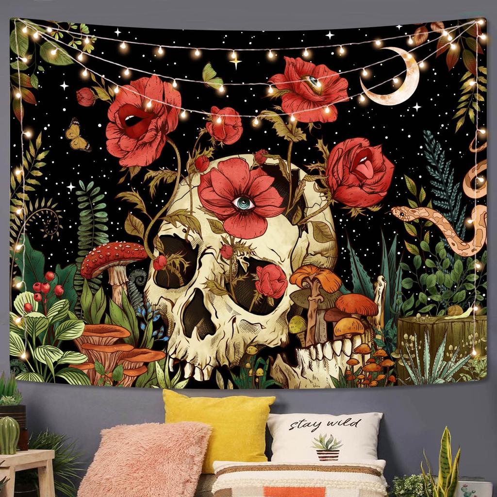 Skull Floral Tapestry Wall Haning Trippy Art Mushroom Skeleton Gothic Home Decor Garden Aesthetic Tapestries For Bedroom Blanket