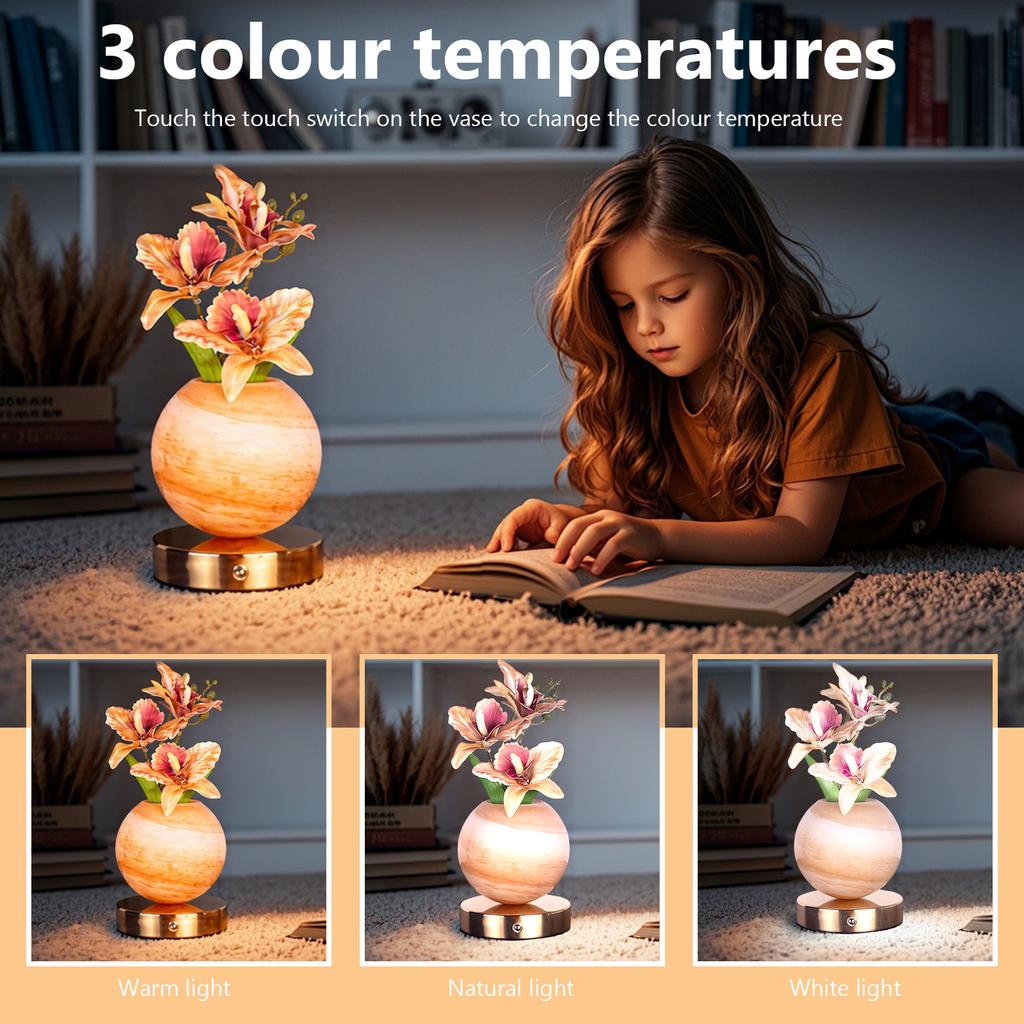 Lampa z sztucznym kwiatem z wazonem, ściemniana, z ładowaniem USB, LED, dekoracyjne światło krajobrazowe na biurko, na prezent dla kobiet, na Dzień Matki
