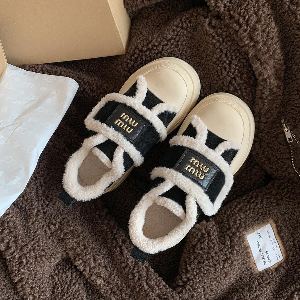 Ah miu~ Schuhe Damen vielseitige Herbst- und Winter-Rindsleder dicksohlige erhöhende lässige Damen-Schuhe Samt Klettverschluss flauschige Schuhe Baumwollschuhe