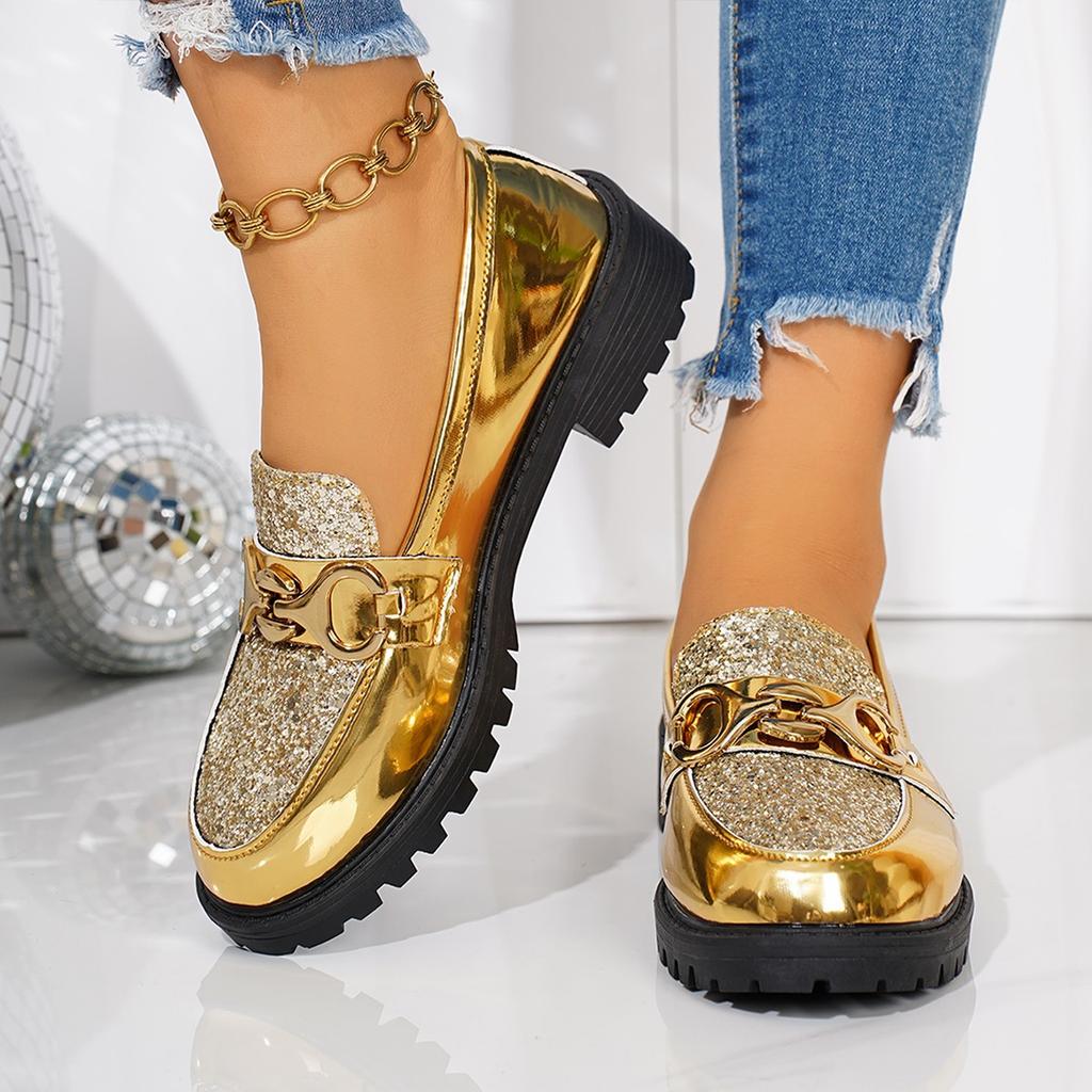 2025 autumn bright leather one-pedal loafers foreign trade round head i thick heel metal buckle foot casual shoes