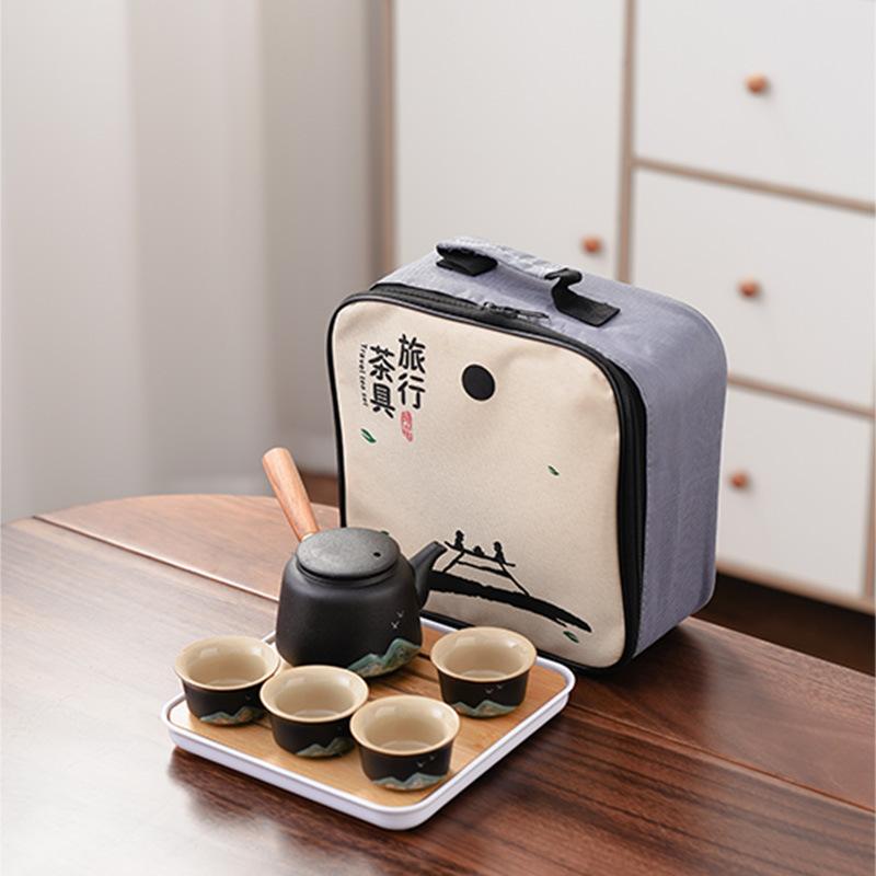 Black Pottery Travel Kung Fu Tea Set Portable Household Outdoor Ceramic Tea Pot Drinking Tea Cup Dry Brewing Plate Small Set