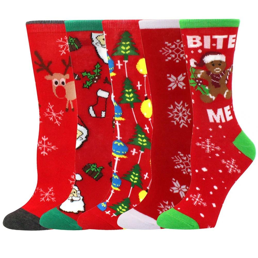 5 Pairs of Christmas Women's Socks with Reindeer and Christmas Tree Patterns, Warm Cotton Socks, Holiday Gift