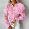 Women Shirt Lapel Long Sleeve Single Breasted Shirt Three-Dimensional Tops Solid Color Rhinestones Flowers Decor Shirt
