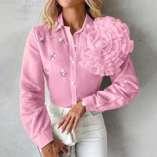 Women Shirt Lapel Long Sleeve Single Breasted Shirt Three-Dimensional Tops Solid Color Rhinestones Flowers Decor Shirt