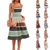 Sleeveless Adjustable Strap Dress with Pockets Casual Striped Print Midi Dress for Women Summer Everyday Wear