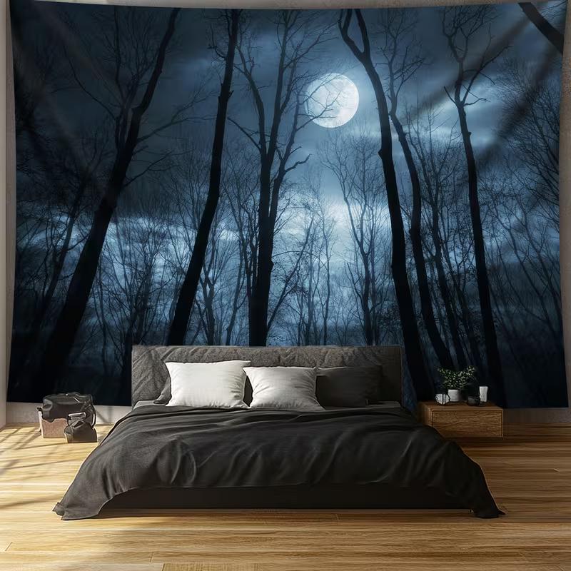

2D Dark Night Forest Moon Tapestry, Spooky Bare Tree Wall Hanging, Gothic Nature Scenery Home Decor 47.2x31.5inch/120*80cm