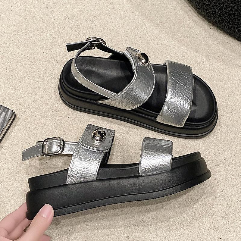2025 Summer New Flat-bottomed Simple Wind One-word Buckle with Round Head Versatile and Thin Thick-soled Open-toed Muffin Sandals Women