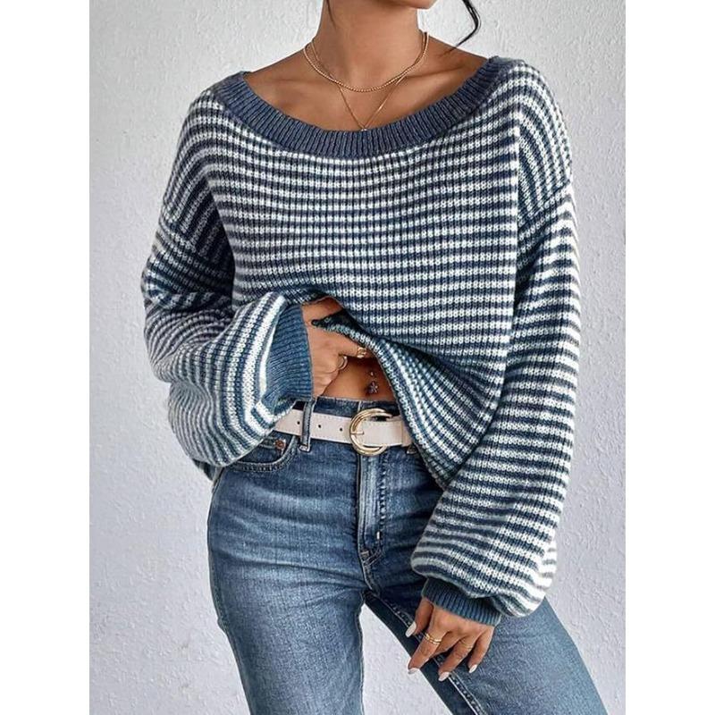 Loose Fit Striped Off Shoulder Lantern Sleeve Pullover Sweater