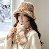 Cute Deer Print Hat Women Spotted Hat, Faux Fur Bucket Winter Scarf, Girlfriend Present Soft Cozy Furry Fisherman for Girls, Autumn Accessory