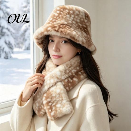 Cute Deer Print Hat Women Spotted Hat, Faux Fur Bucket Winter Scarf, Girlfriend Present Soft Cozy Furry Fisherman for Girls, Autumn Accessory