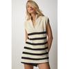 Women's Cream Black Zippered Collar Striped Sweater Mx00123