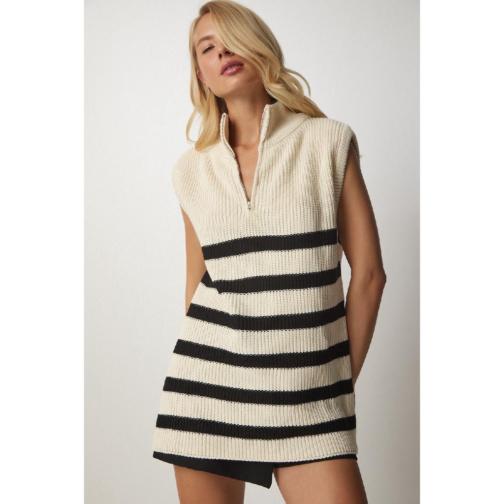 Women's Cream Black Zippered Collar Striped Sweater Mx00123