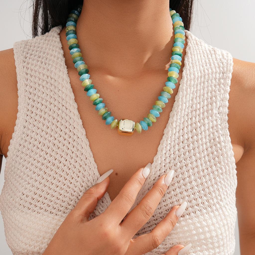 Ethnic Style Acrylic Beaded Geometric Round Square Sweater Chain Bohemian Necklace