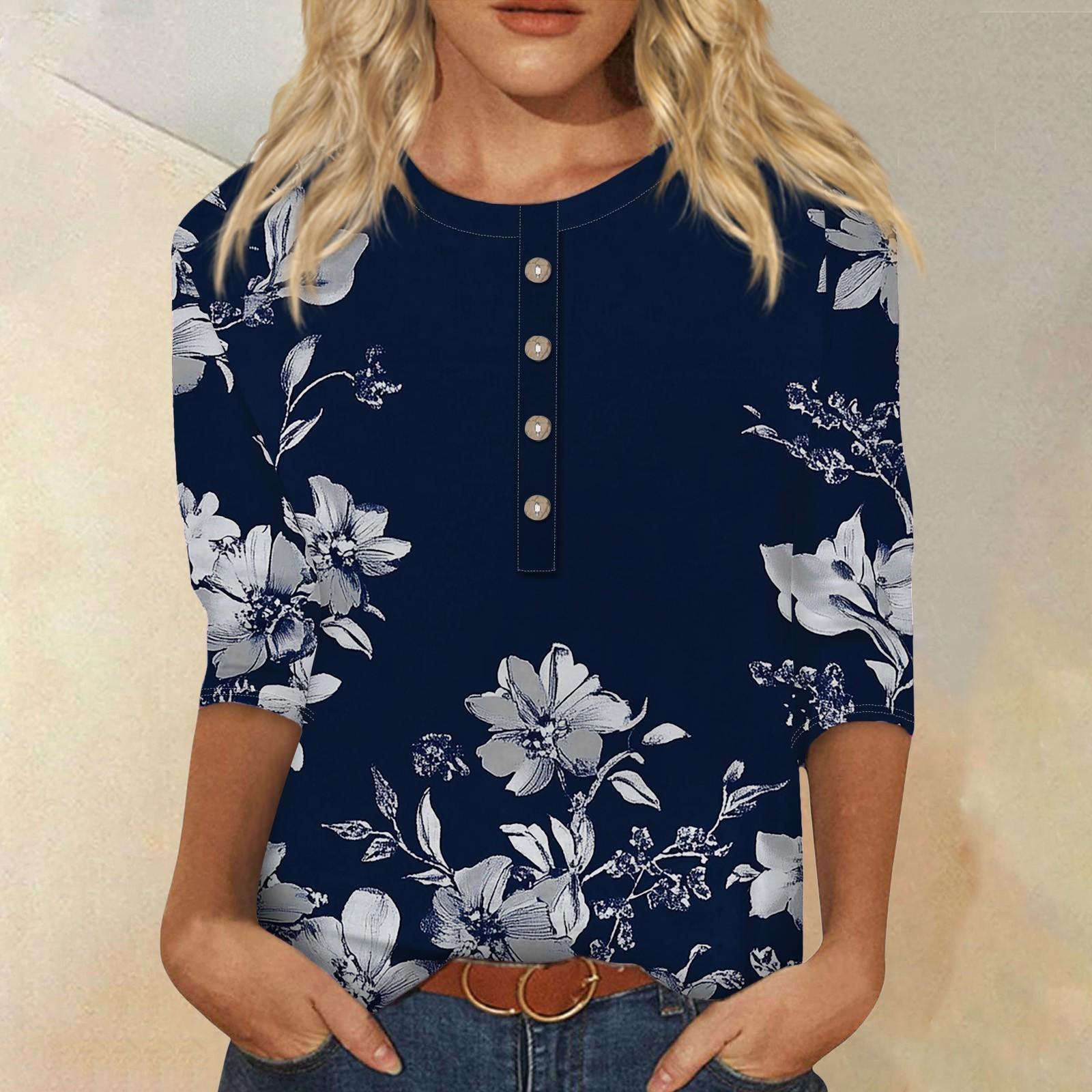 

Женская мода повседневная 3/4 рукава цветочный принт пуловер круглый вырез топ повседневная одежда L темно-синий