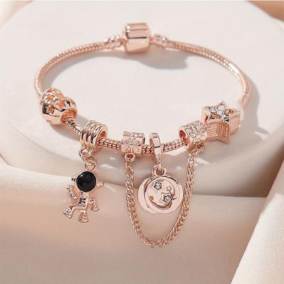 Handmade Beaded Bracelet With Heart Charm Astronaut Star Pendant Wristband Alloy Jewelry Gift