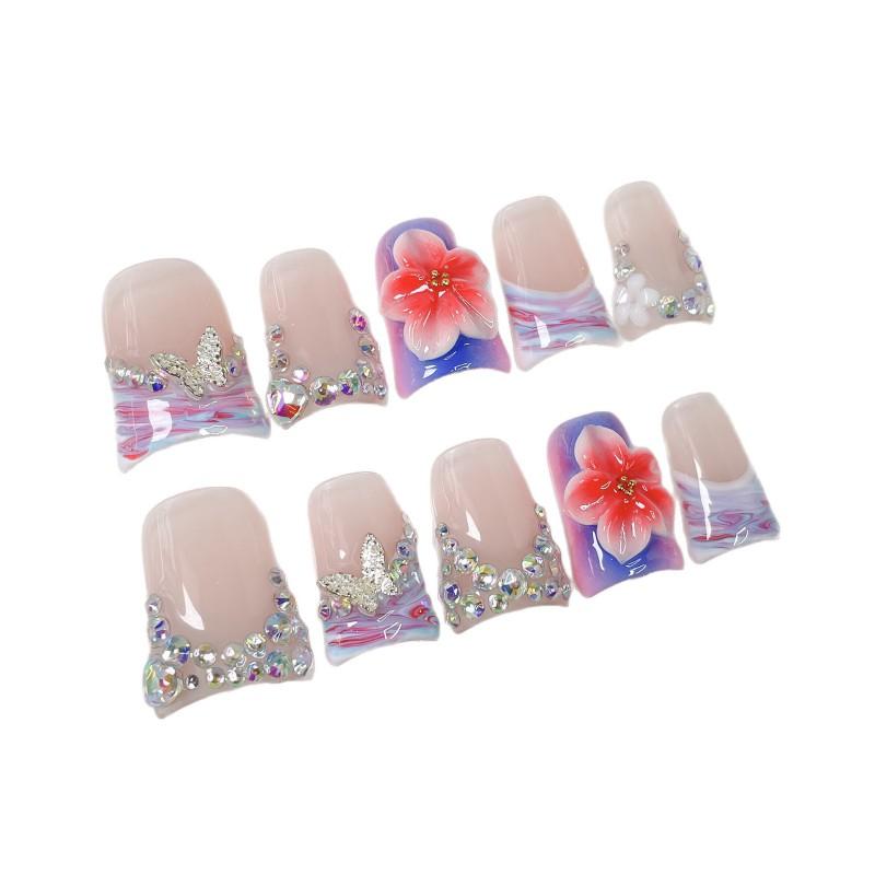 Short Duckbill Press-On Nails With 3D Floral Relief Design Icy Transparent Glitter Acrylic Tips Women