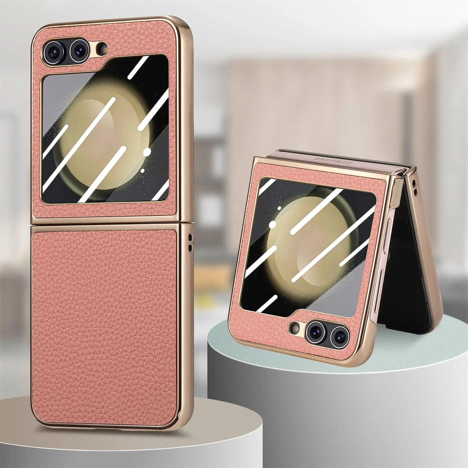 

Роскошный чехол с покрытием из личи для Samsung Galaxy Z Flip 5 4 5G, противоударный чехол из искусственной кожи, защитная пленка For Galaxy Z Flip 5 розовый