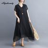 Korean Style Plus Size Summer Women Midi Dress V Neck Black White Pink Blue Yellow Orange Loose Dress Short Sleeve Casual Basic Ladies' Dress