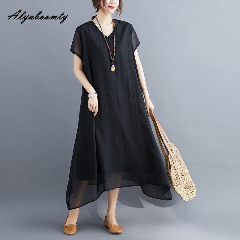 Korean Style Plus Size Summer Women Midi Dress V Neck Black White Pink Blue Yellow Orange Loose Dress Short Sleeve Casual Basic Ladies' Dress