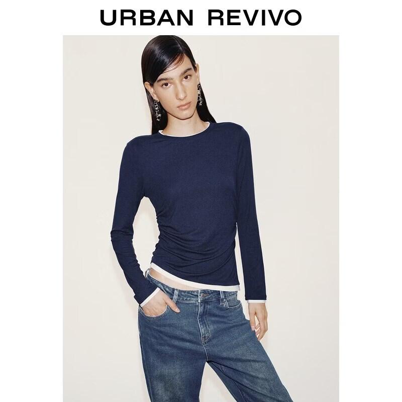 UR 2026 Women s Color-Blocked Faux Two-Piece Pleated T-shirt L сапфир синий