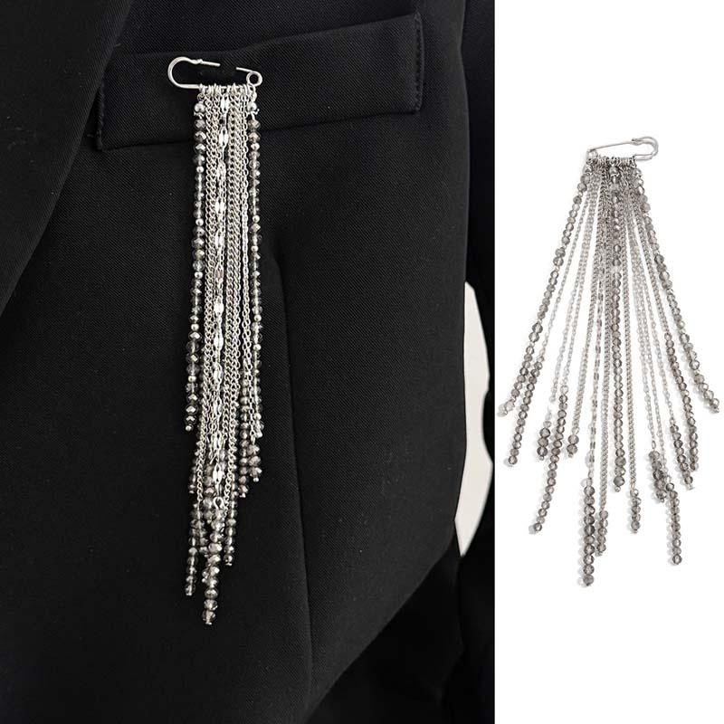 Exaggerate Black Crystal Long Tassel Chain Brooch for Women Multi Layer Metal Chain Tassel Brooch Charm Clothes Bag Pins Jewelry