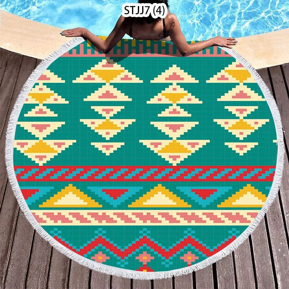 Ethnic Plaid Beach Creative Swimming Towel Microfiber Round Beach Towel Mandala Stripes Adult Large Round Bath Towel
