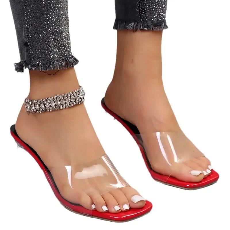 2025 Summer New Plus Size Slippers for Women, Simple Transparent Square Toe, Thick Heel, High Heels, Cool Slippers for Women