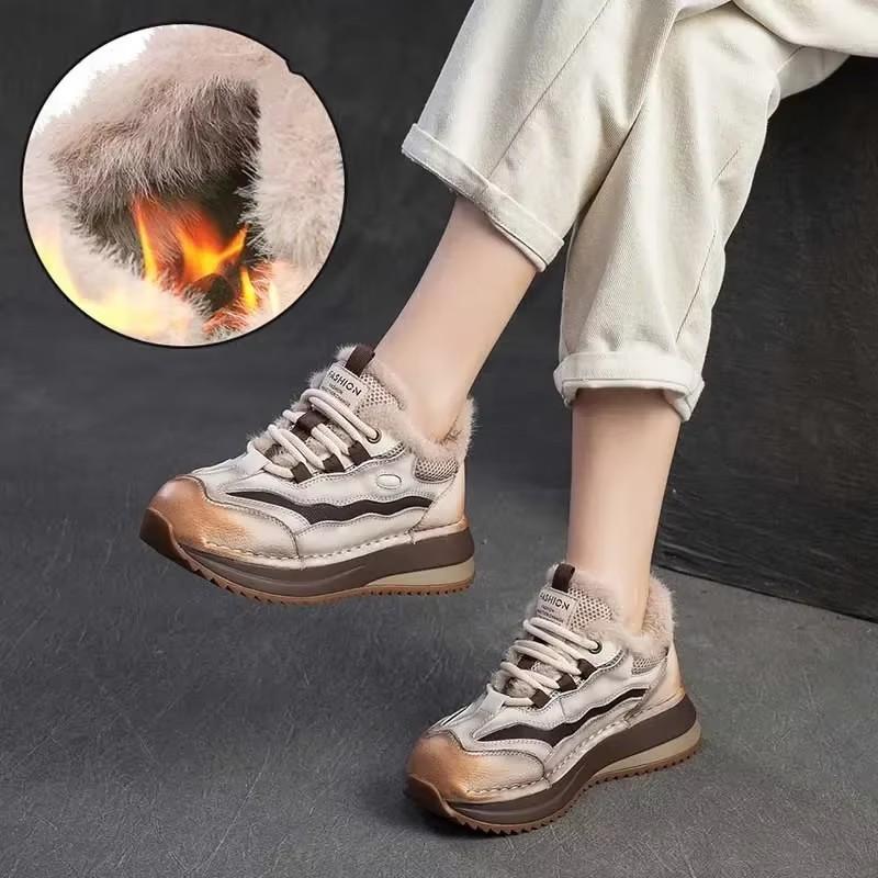 Fashion GKTINOO Genuine Leather Women Boots Lady Platform Flats Plush Warm Causal Autumn Winter Fashion Thick Bottom Sneakers Shoes