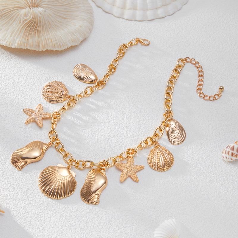 Vacation Style Layering Neck Chain Necklace with Marine Charm Shell Starfish Design Neckchain