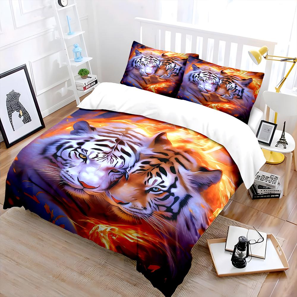 Two Tigers with Fiery Glow Print Soft Comfortable Duvet Cover Bedding Set Included 1*Duvet Cover 2*Pillowcases Luxury Gifts