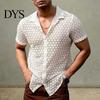 Loose Men Shirt Summer Hollow See-through Lace Flower Pattern Turn-down Collar Design Short Sleeves Single-breasted Mid Length Cardigan Vacation Beach