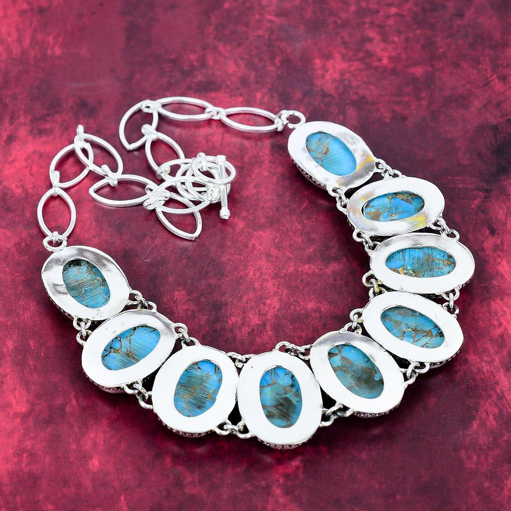 Blue Copper Turquoise Handmade Gemstone Necklace, 925 Solid Sterling Silver Necklace Antique Jewelry, For Thanksgiving