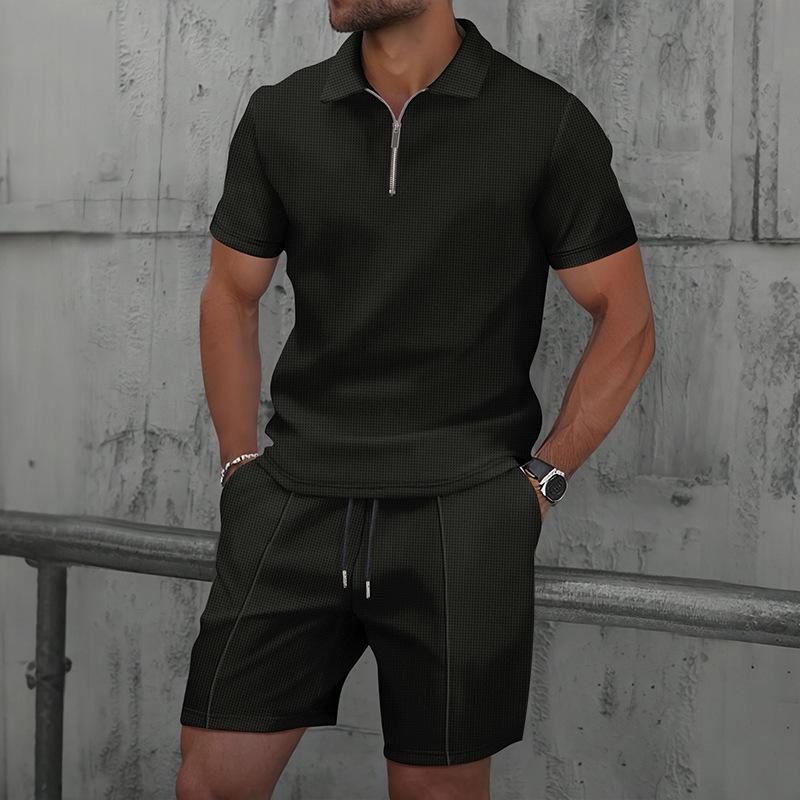 Men's Waffle Collar Polo and Shorts Sports Casual Set