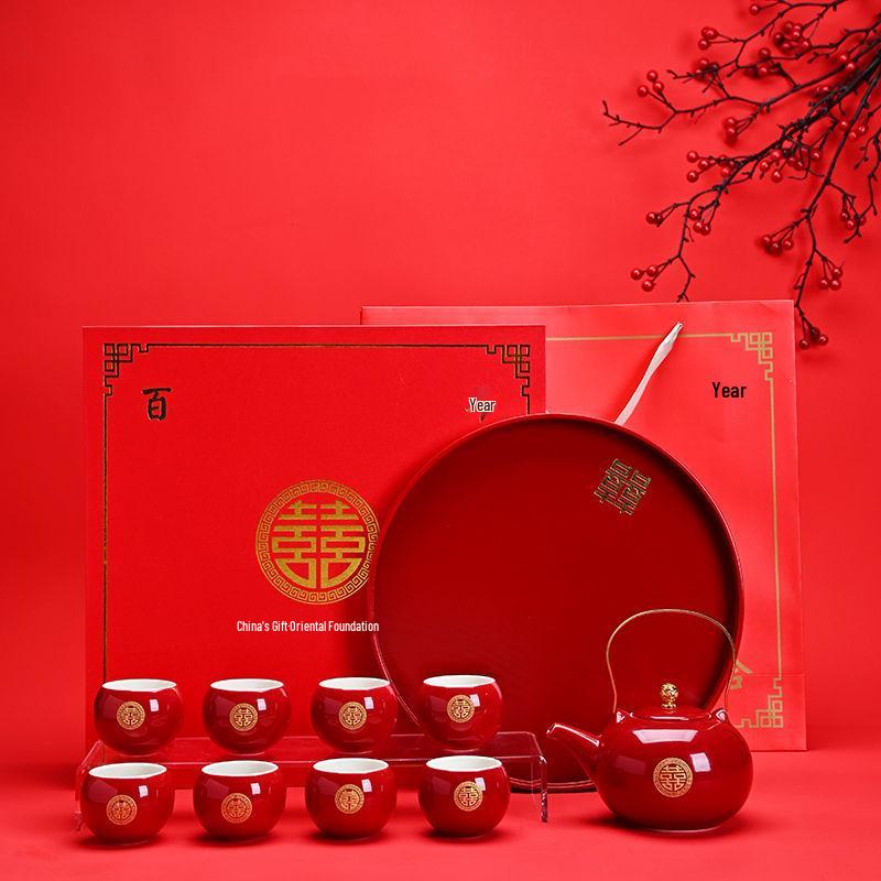 Red Chinese Wedding Tea Set: Complete Gift with Bride's Dowry Tray & Teapot