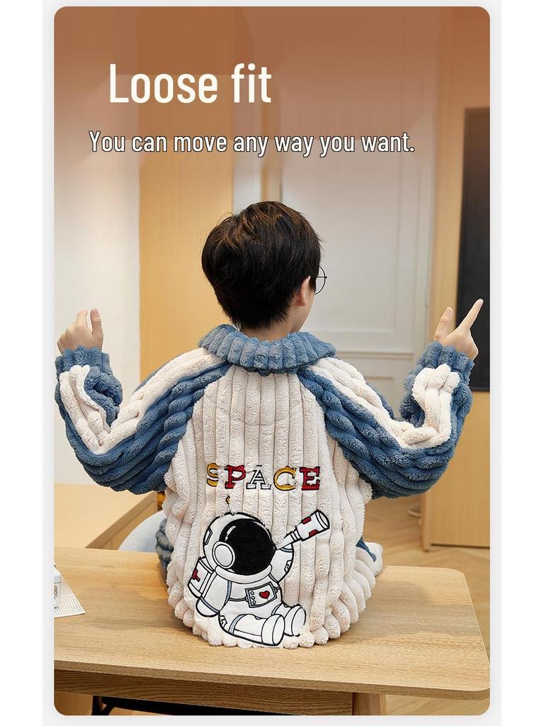 Cute Cartoon Boys' Coral Fleece Pajamas - Cozy Winter Flannel Sleepwear for Kids
