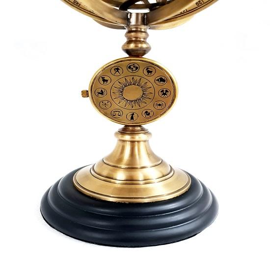 Nautical Brass Armillary Sphere World Globe with Analog Clock Rosewood Base Home Decorative