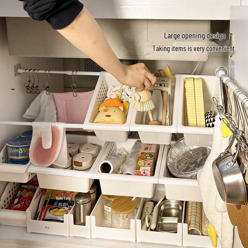 Japanese-Style Under-Sink Cabinet with Compartments and Telescopic Rod