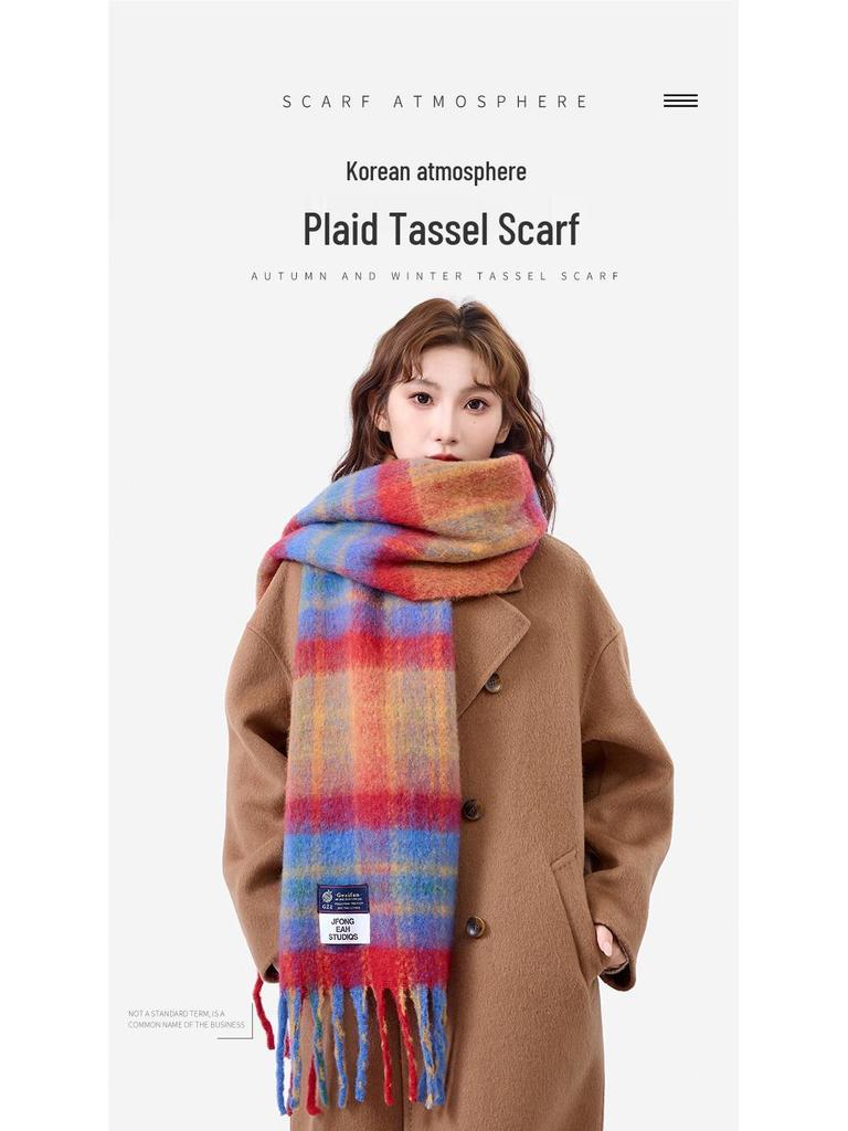Cozy Plaid Wool-Blend Scarf: Warm, Furry, and Trendy Shawl for Autumn and Winter