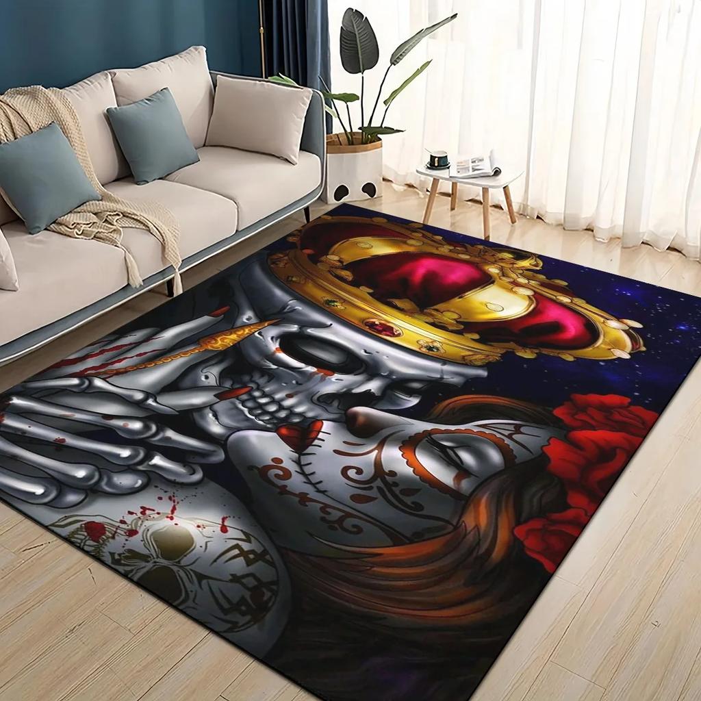Covor Rug 3D Craniu Gotic Față Trandafir Femeie Desen Animat Groaznic pentru Sufragerie Dormitor Casă Decor Canapea, Covoraș de Podea Antiderapant pentru Copii