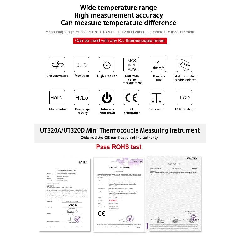 UNI-T UT320A UT320D Digital Thermometer Mini Dual K/J Type Thermocouple Thermometer -50℃ to 1300℃ High Temperature Tester Mete