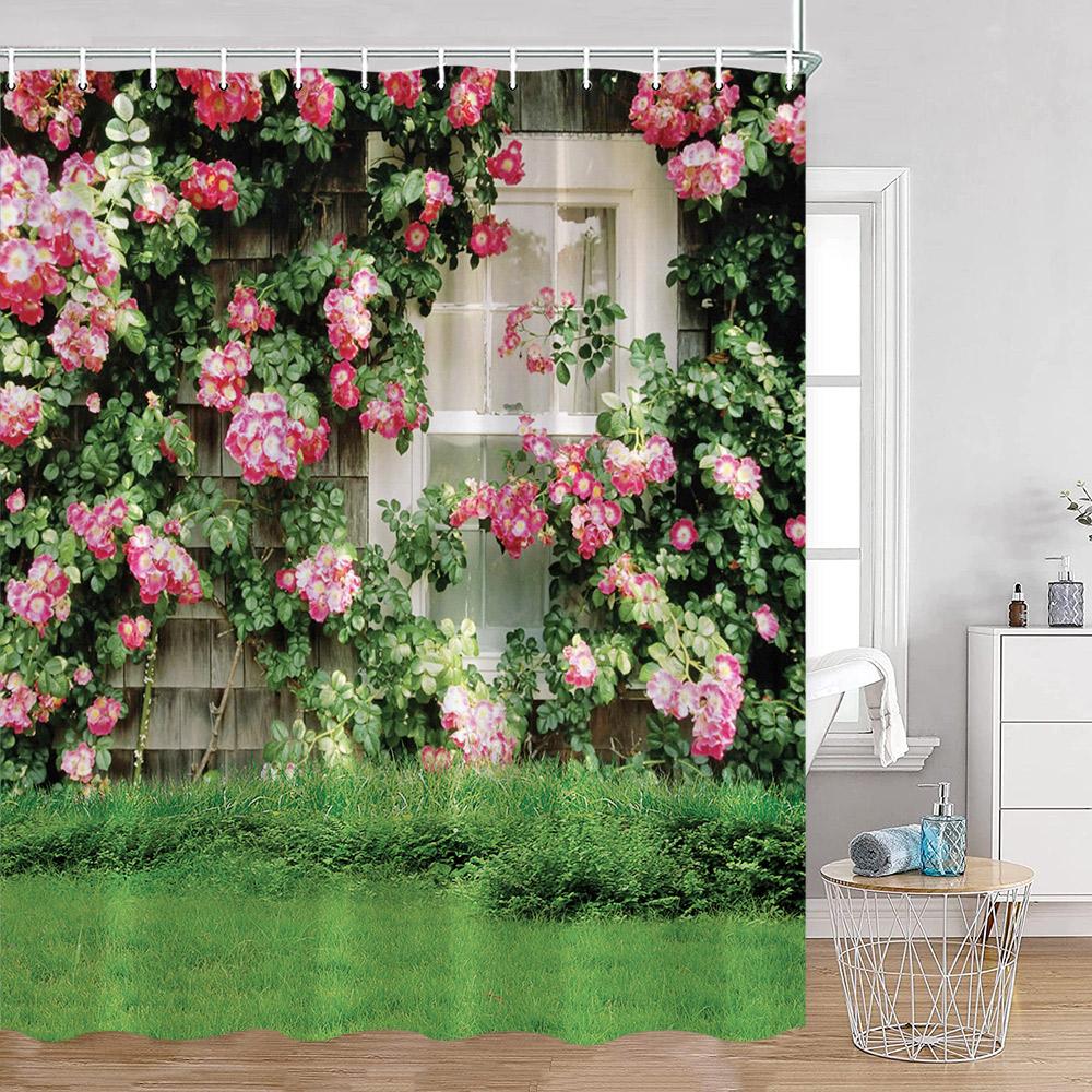 Garden Path Shower Curtains Pink Flowers Green Vines Forest Lane Bathroom Deecorations Nature Polyester Bath Curtains with Hooks