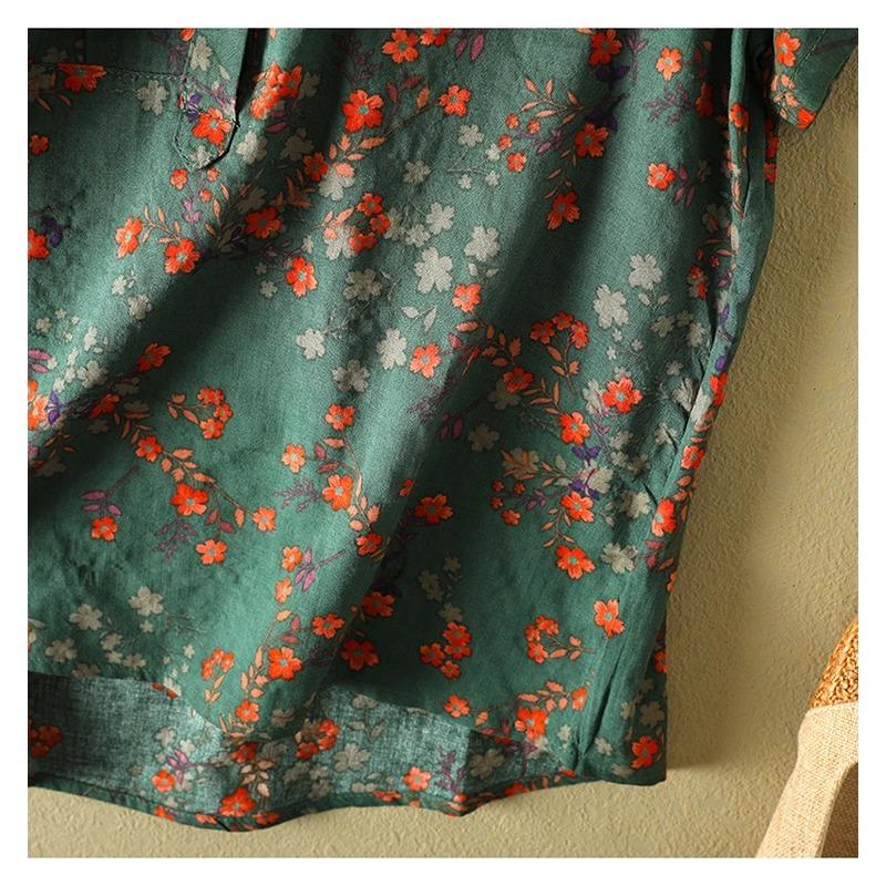 Vintage Floral Print Women's Shirt Summer Fashion Short Sleeve Pocket Loose Casual Blouse Comfortable Soft Thin Daily