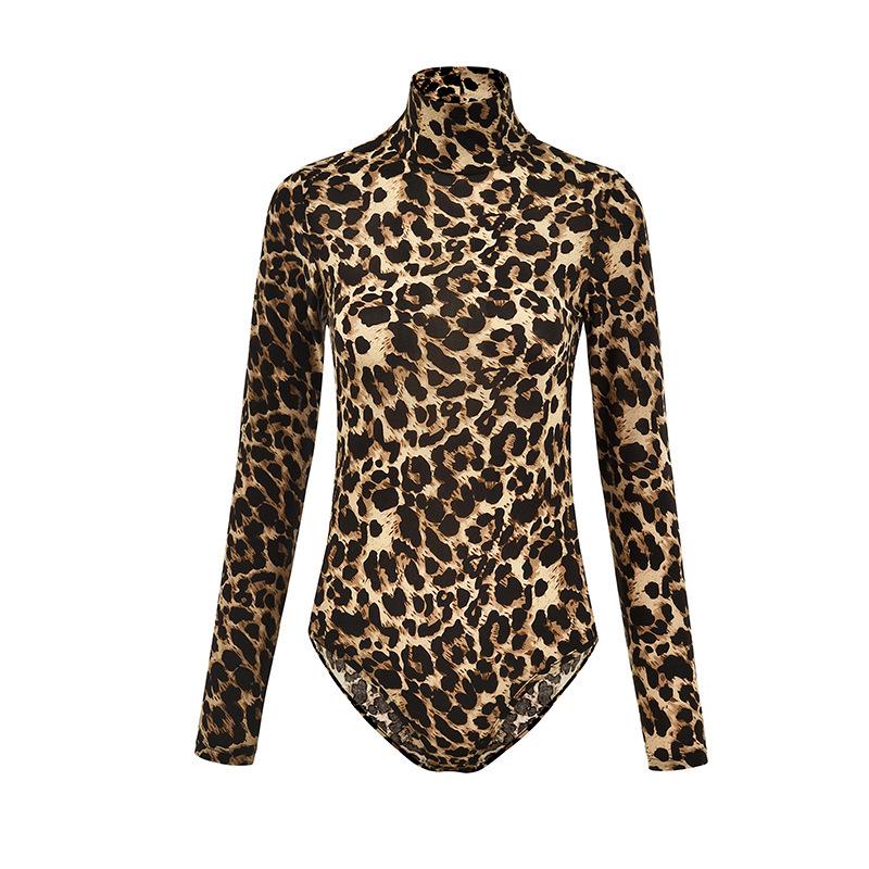 SCIONE Women Tight High Waist Knit Casual Jumpsuit High Collar Long Sleeve Sexy Leopard Jumpsuit