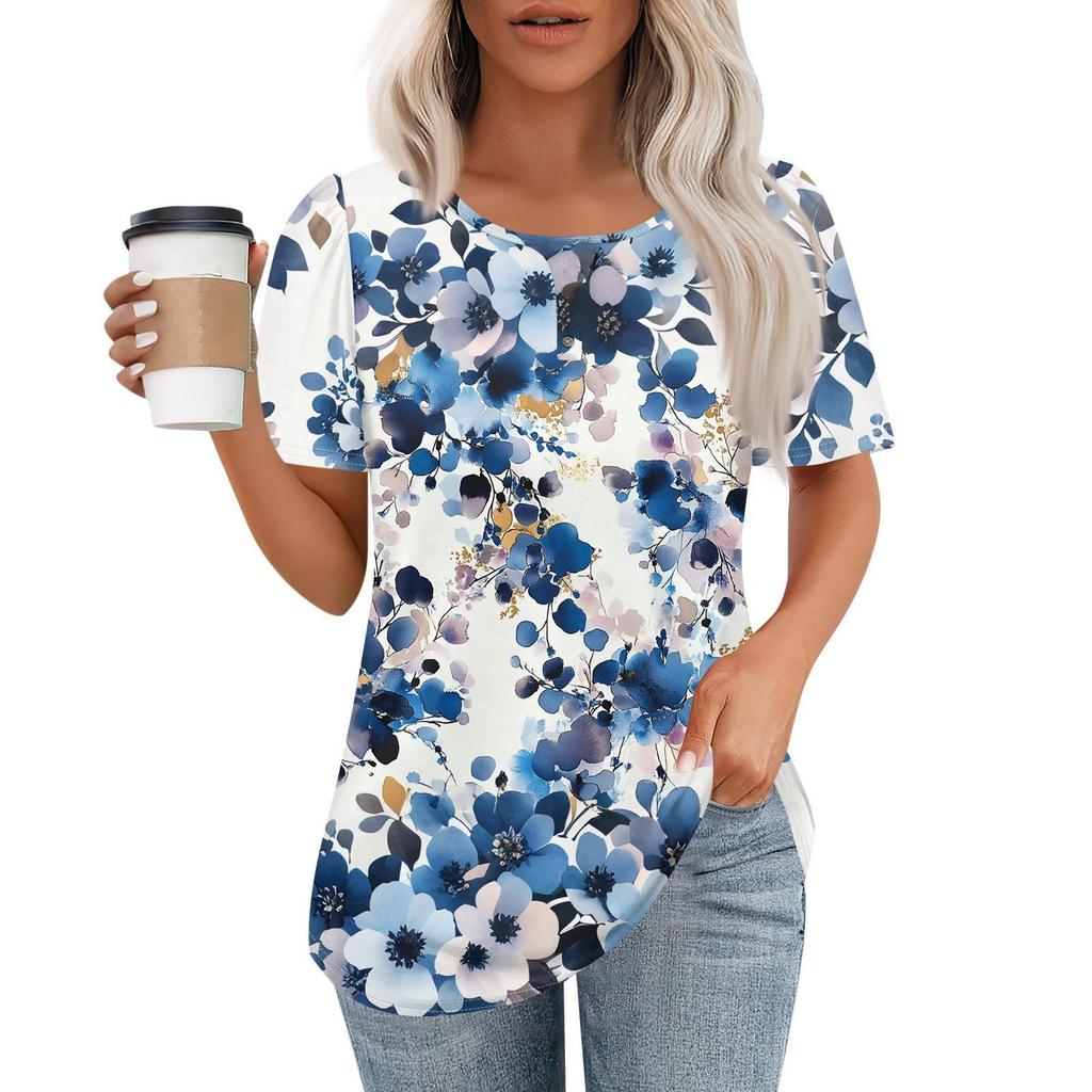Women's Casual Short Sleeve Floral Button 3D Print Round Neckr Top T-Shirt