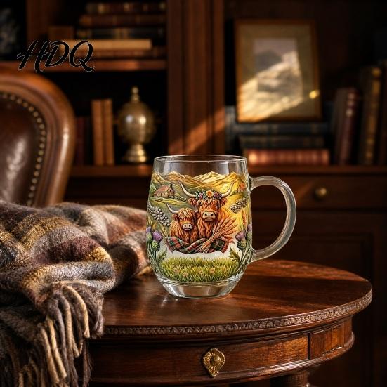 Durable Glass Drinkware 350ML Hand-painted Highland Cow Glass Cattle Coffee Mug Decorative Wine Glasses with Handle Heat-Resistant Tea Milk
