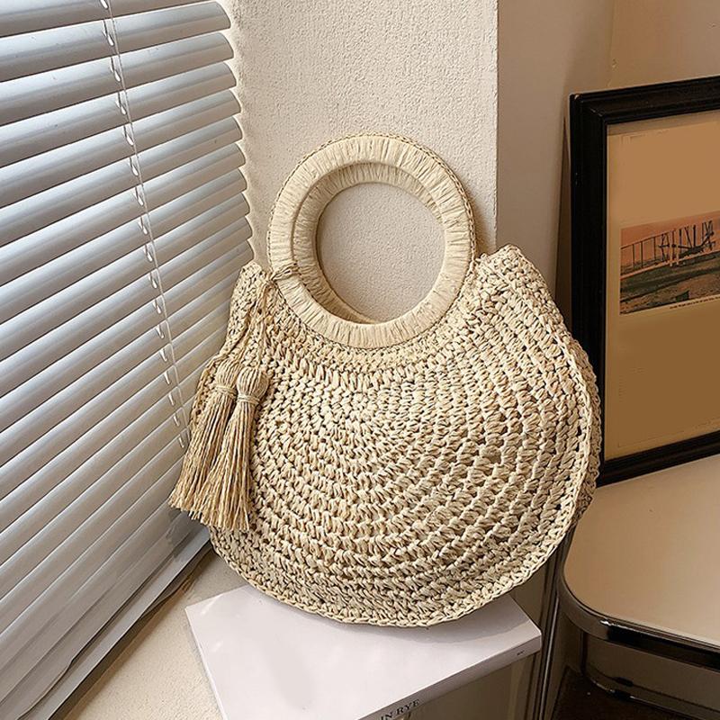 Handwoven Beach Bag Chic Top Handle Bag Retro Holiday Travel Handbag Vacation Bag