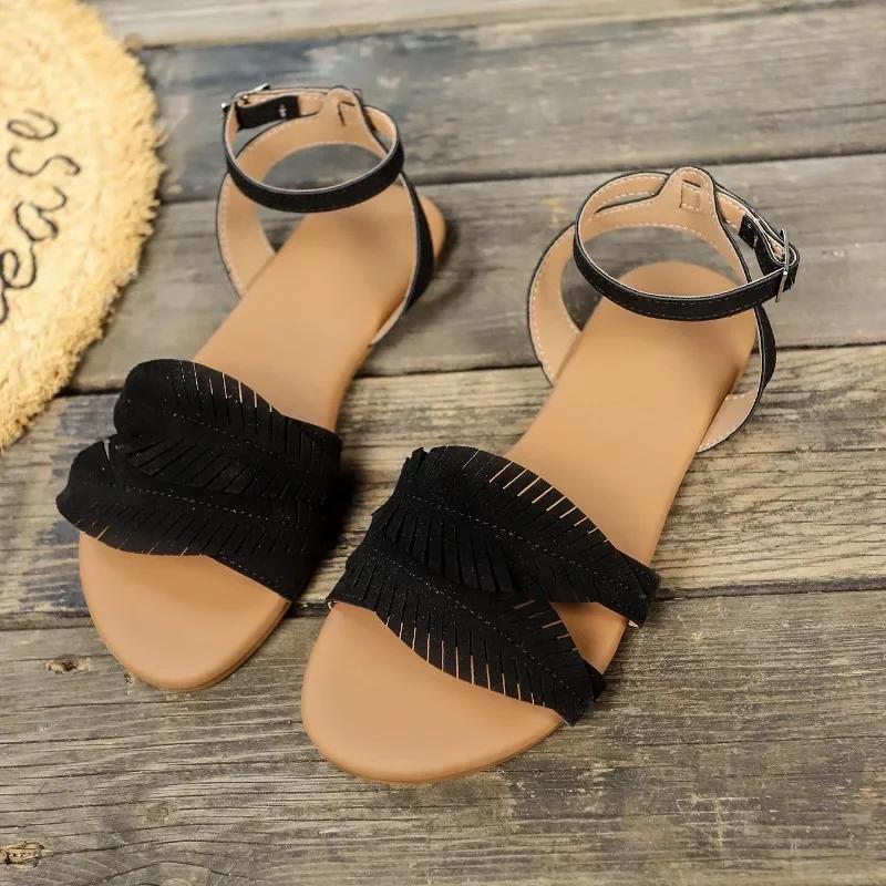Fashion 2025 Fashion Ladies Shoes Open Toe Women's Sandals New Buckle Strap Casual Plus Size Summer Solid Light Best Seller Flat Sandals